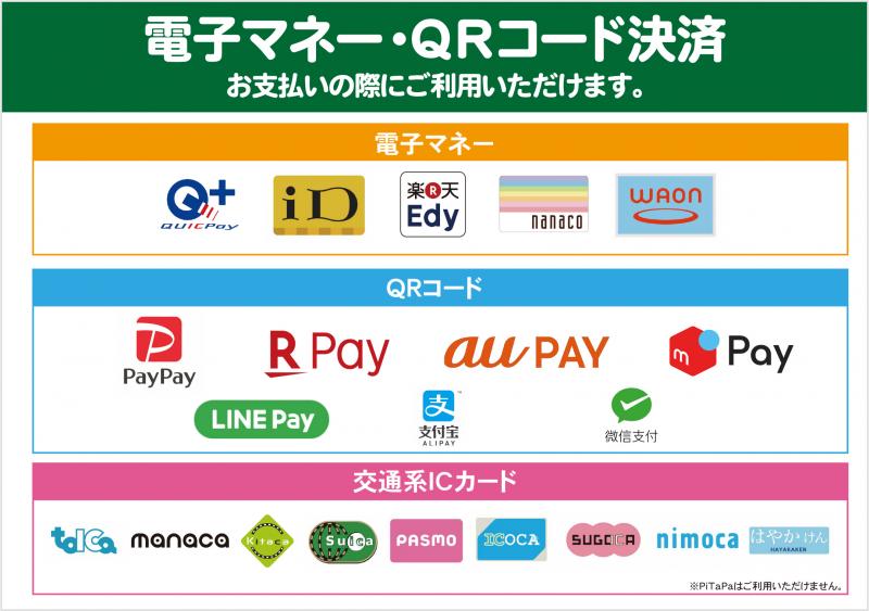 電子マネーおよびモバイル決済でお支払いがさらに便利に！